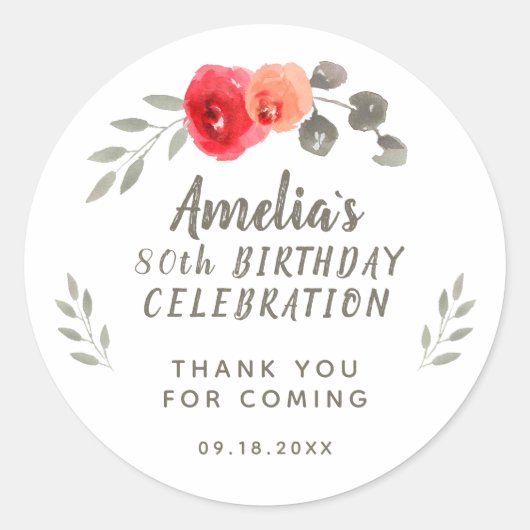 Sticker Rond 80e anniversaire Script Aquarelle Merci floral (Devant)