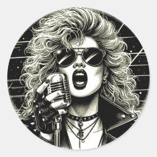Sticker Rond 80s Rocker chick chick chanteuse encre