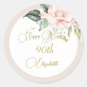 Sticker Rond 90e anniversaire aquarelle rose florale élégant (Devant)