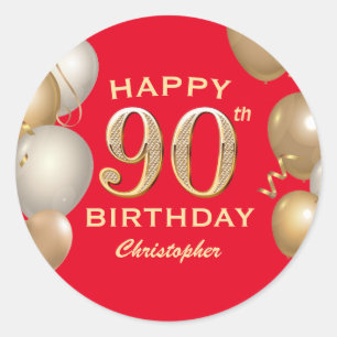 Sticker Rond 90e Anniversaire des Ballons rouges et or