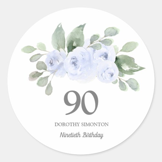 Sticker Rond 90e anniversaire fête Rose bleu Eucalyptus (Devant)