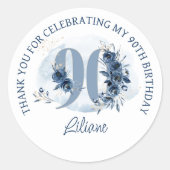 Sticker Rond 90e anniversaire Floral Numéro Merci bleu côtier (Devant)