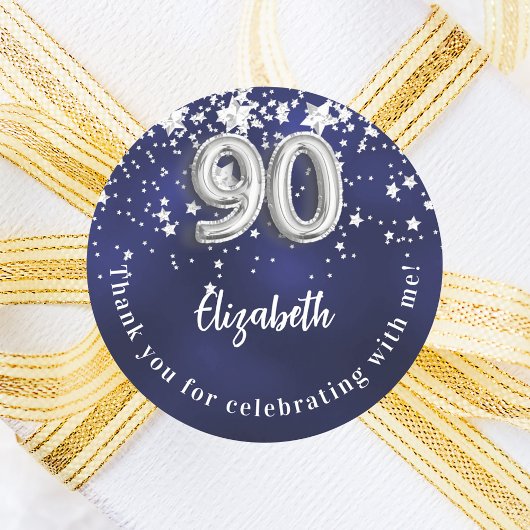 Sticker Rond 90e anniversaire marine bleu argent étoiles