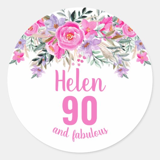Sticker Rond 90e anniversaire rose aquarelle floral (Devant)