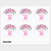 Sticker Rond 90e anniversaire rose aquarelle floral (Feuille)
