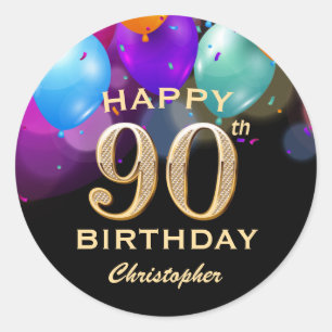 Sticker Rond 90e fête d'anniversaire Ballons noirs et or