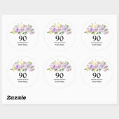 Sticker Rond 90e fête d'anniversaire Rose violet Floral (Feuille)