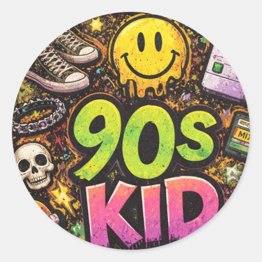 Sticker Rond 90s Kids Grunge Seamless Pattern: Pizza, Skeletons (Devant)