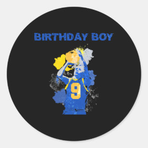 Sticker Rond 9 Anniversaire Garçon Bleu Et Jaune Basketbal