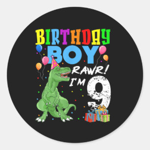 Sticker Rond 9 Anniversaire Garçon T Rex Dinosaur