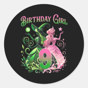 Sticker Rond 9 Anniversaire Sorcière rose et vert 9 Anniversair
