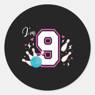 Sticker Rond 9e anniversaire de la fête Bowling Girl Neuf année