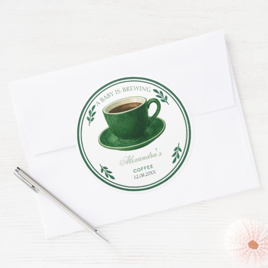 Sticker Rond A Baby Is Brewing Coffee Cup Baby Shower (Enveloppe)