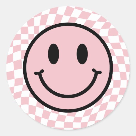 Sticker Rond à damiers sourire rose vif (Devant)