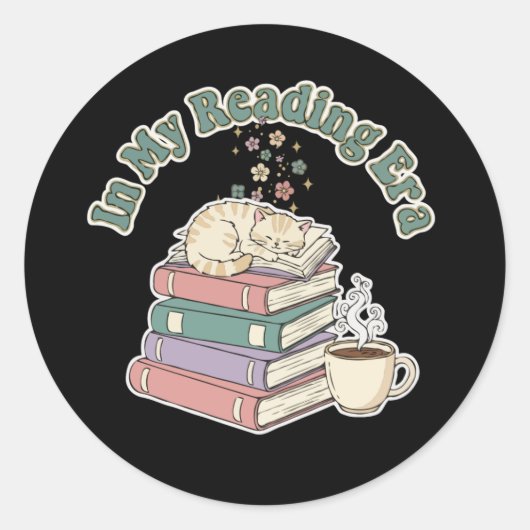Sticker Rond À l'ère de ma lecture, chat mignon et confortable, (Devant)