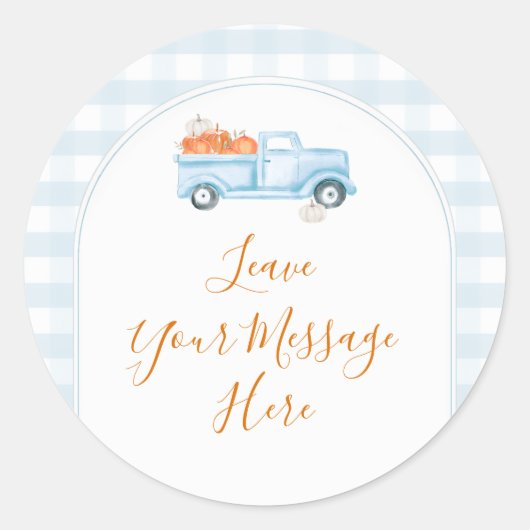 Sticker Rond A Little Pumpkin Blue Truck Gingham Your Message (Devant)
