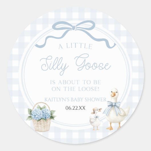 Sticker Rond A Little Silly Goose Blue Floral Bow Baby Shower (Devant)