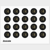Sticker Rond "A" Monogramme initial en or sur noir. (Feuille)