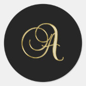 Sticker Rond "A" Monogramme initial en or sur noir. (Devant)