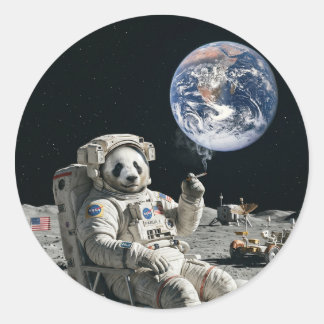 Sticker Rond A panda smoking a cigarette on the moon