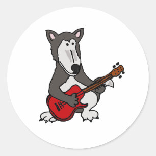 Sticker Rond AA- Joli loup Jouant de la guitare électrique dess
