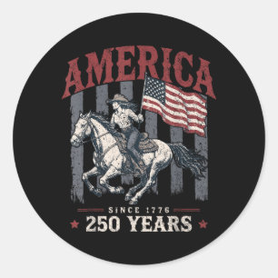 Sticker Rond Aamerica 250 Ans Cowgirl Chevauchant Cheval Drapea