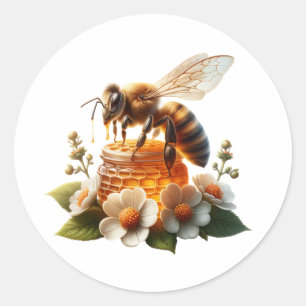 Sticker Rond Abeille de miel, fleurs et miel