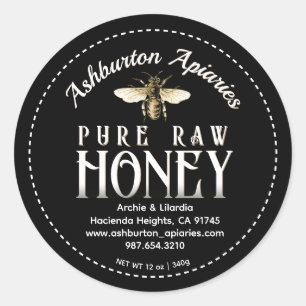 Sticker Rond Abeille de miel vintage Classé Noir pur Miel cru