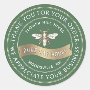 Sticker Rond Abeille française avec bannière or Merci apiculteu