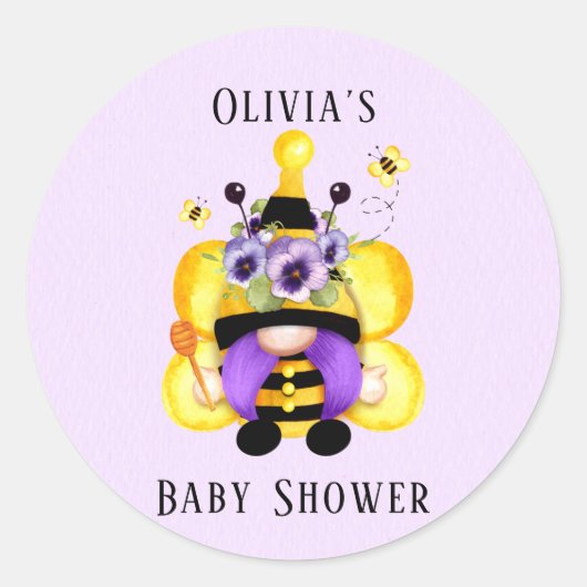 Sticker Rond Abeille Gnome Baby shower jaune pourpre (Devant)