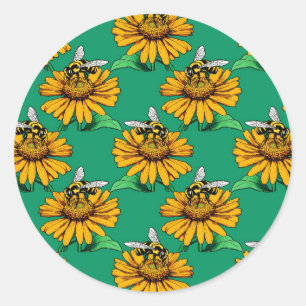 Sticker Rond Abeille sur motif de fleur de tournesol vert