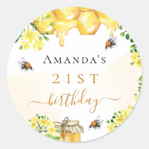 Sticker Rond Abeilles à bosse d'anniversaire miel fleurs jaune