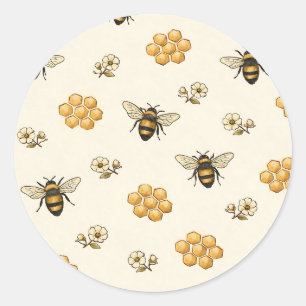 Sticker Rond Abeilles à Miel et Motif Sans Couture de Rayon de