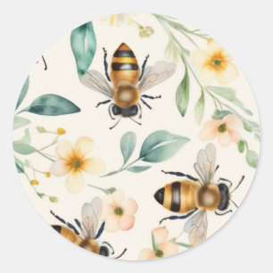 Sticker Rond Abeilles et fleurs - Crème Floral Miel Motif