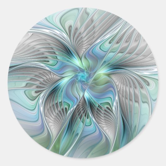 Sticker Rond Abstrait Bleu Vert Papillon Imaginaire Fractal Art (Devant)