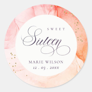 Sticker Rond Abstrait Pastel Rose Orange Sweet 16 Anniversaire