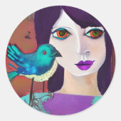 Sticker Rond Abstraite fille et oiseau pourpre et Turquoise (Devant)