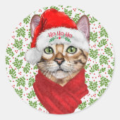 Sticker Rond Abyssinian Chat Ho Ho Ho Santa Hat Meowen Noël (Devant)