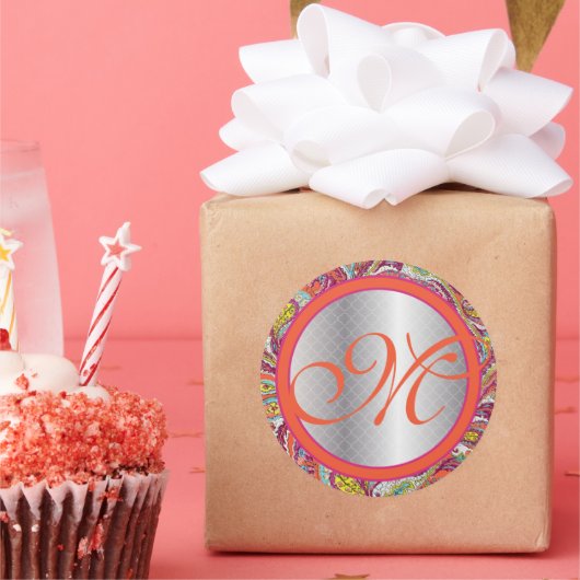 Sticker Rond Accents Argent Peacock Paisley Tangerine Fuchsia (Fête)