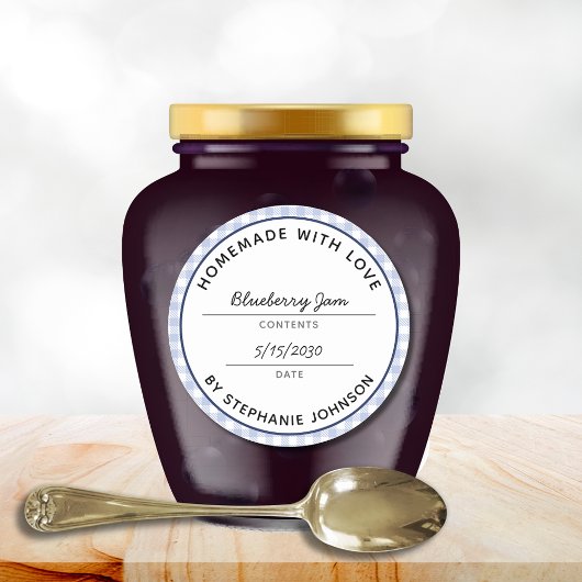 Sticker Rond Accueil Canne Nom du produit Date Blue Plaid Jar L