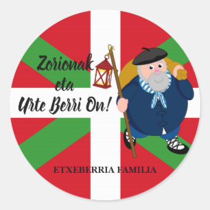 Sticker Rond Accueil de Noël personnalisé, Olentzero + Ikurriña