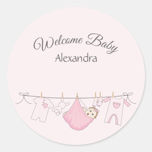 Sticker Rond Accueil Gris et rose Bébé Fille adorable (Devant)