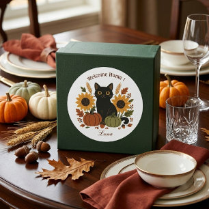 Sticker Rond Accueil Maison Botanique Vintage Chat Noir Automne