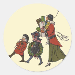 Sticker Rond Achats de Noël vintage en famille, plaisir garanti
