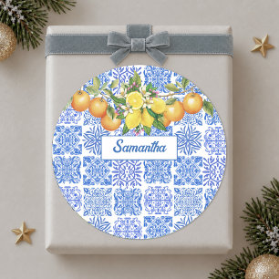 Sticker Rond Acitrus bleu sicilien jaune azulejo méditerranéen