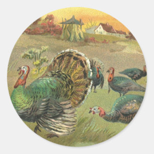 Sticker Rond Action de grâce vintage avec dindes et pèlerins
