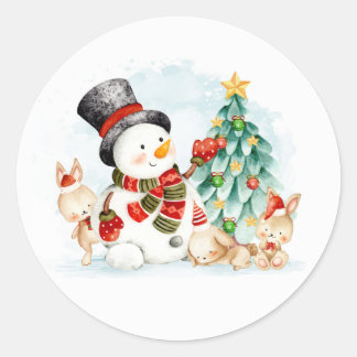 Sticker Rond Adables Bunnies Et Arbre De Snowman Noël