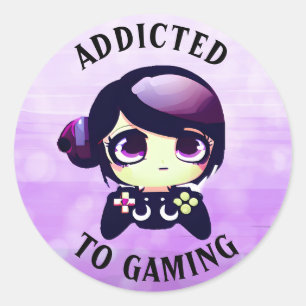 Sticker Rond Addicité au jeu   Cute Kawaii Girl Gamer