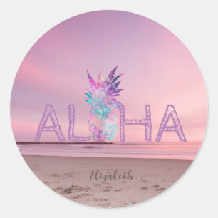 Sticker Rond Adorable Aloha Hawaïen Pineapple,Coucher de soleil
