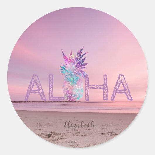 Sticker Rond Adorable Aloha Hawaiian Ananas, Coucher de soleil  (Devant)